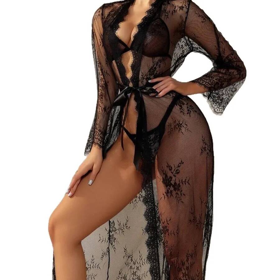 Kimono Sheer Floral - Vestaglia Lunga Nera in Pizzo Trasparente