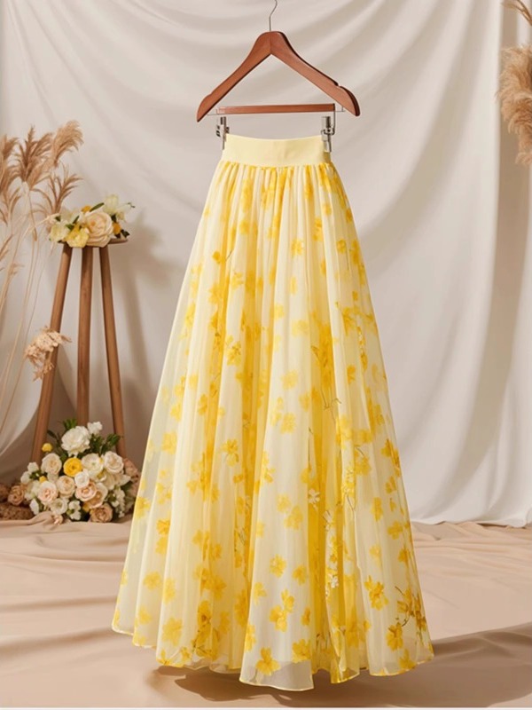 Midi Skirt Floral - Gonna a trapezio gialla a vita