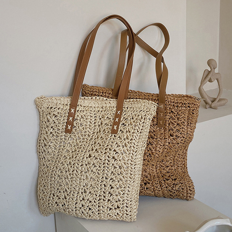 Crochet Bag Raffia - Borsa da spiaggia quadrata in paglia