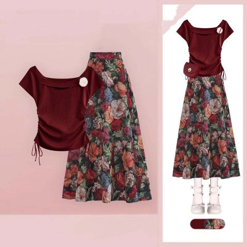 Midi Skirt Floral - T-shirt da donna Lucky Wine Red
