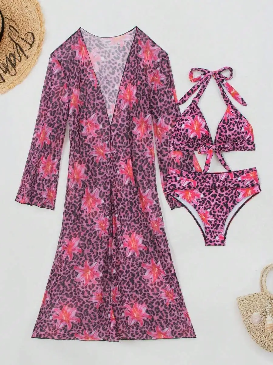 Kimono Sheer Floral - Set Bikini da Donna 3 Pezzi